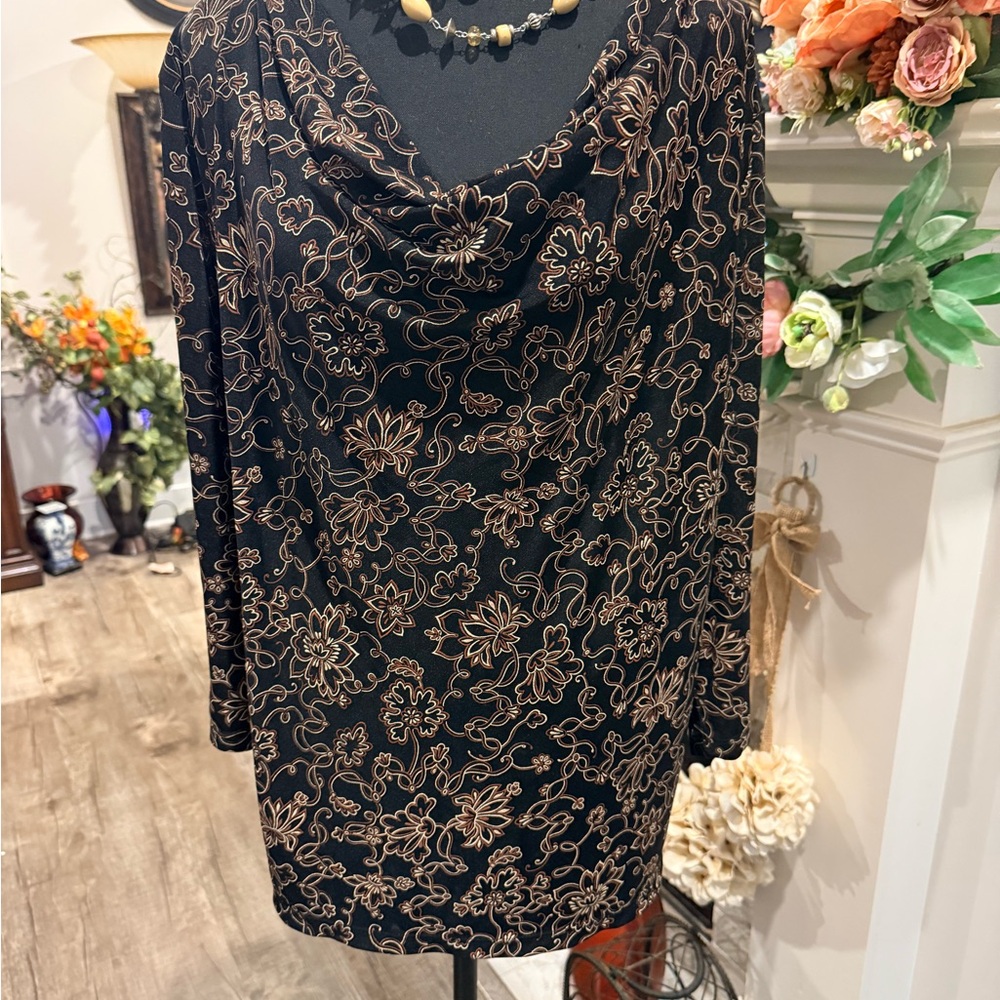 Briggs New York Black Floral Cowl Neck Long Sleeve Top